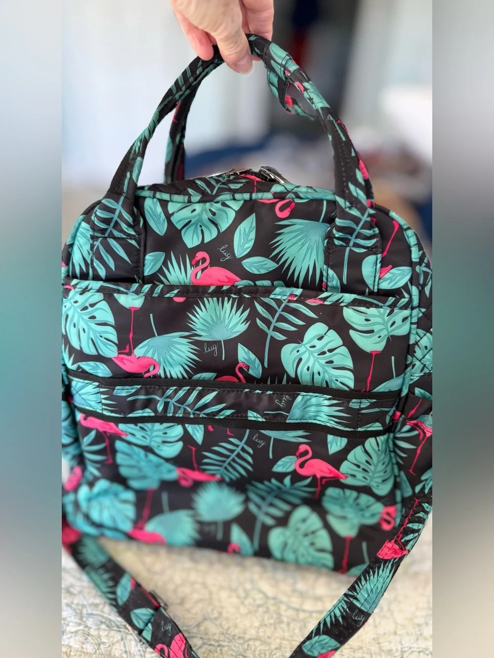 Lug Mini Puddle Jumper Flamingo Black Tropical Travel Tote Bag Discontinued